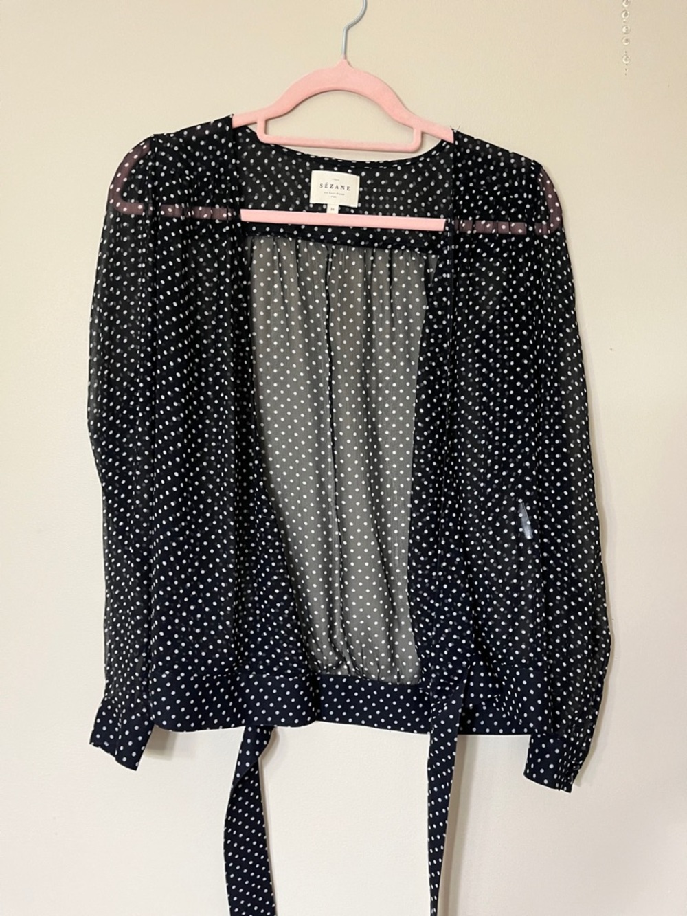Sézane Black and White Polka Dot Sheer Tie-Front Blouse